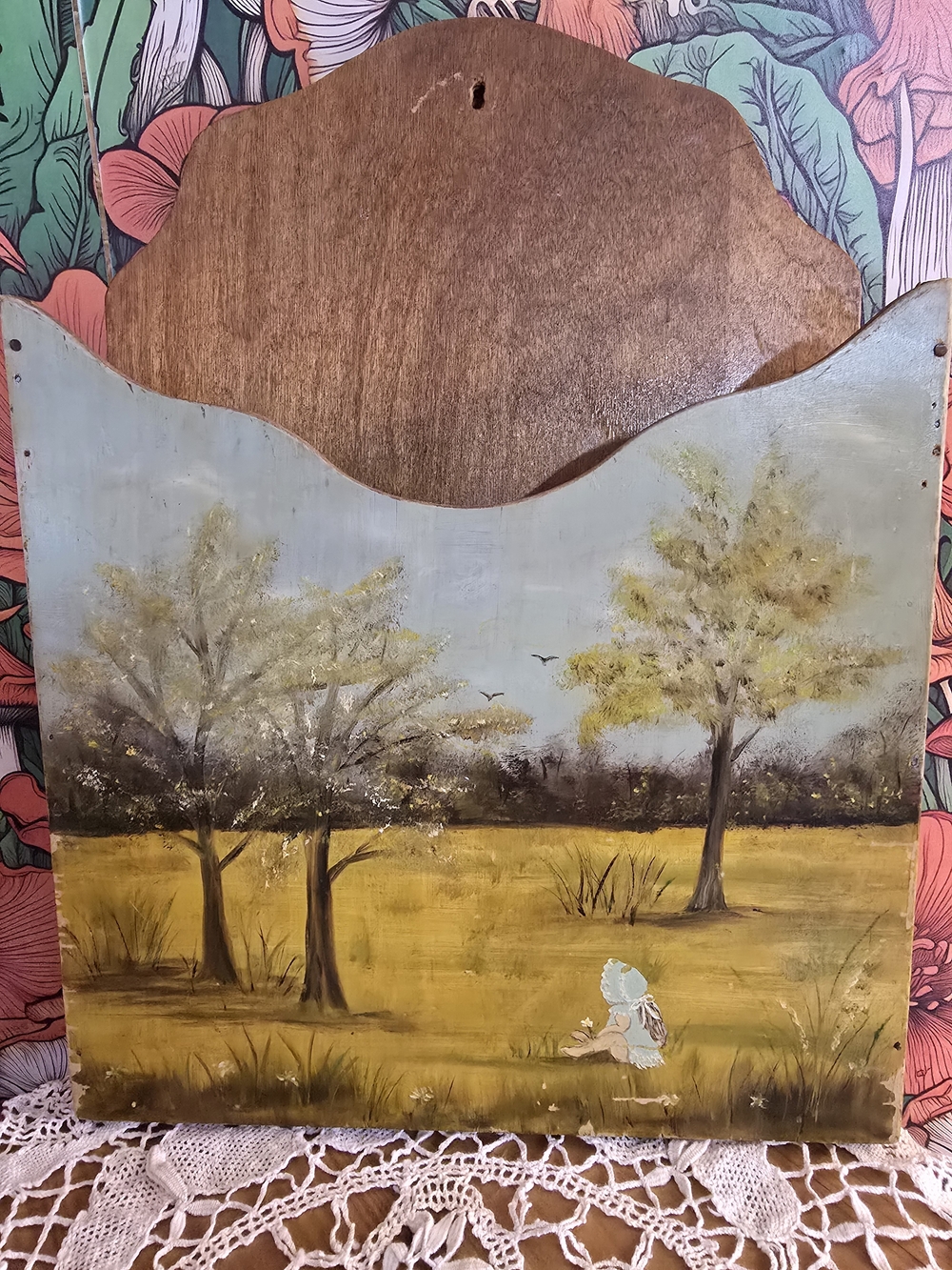 Hand-Painted Woodland Landscape Wall Pocket - Yellow & Blue